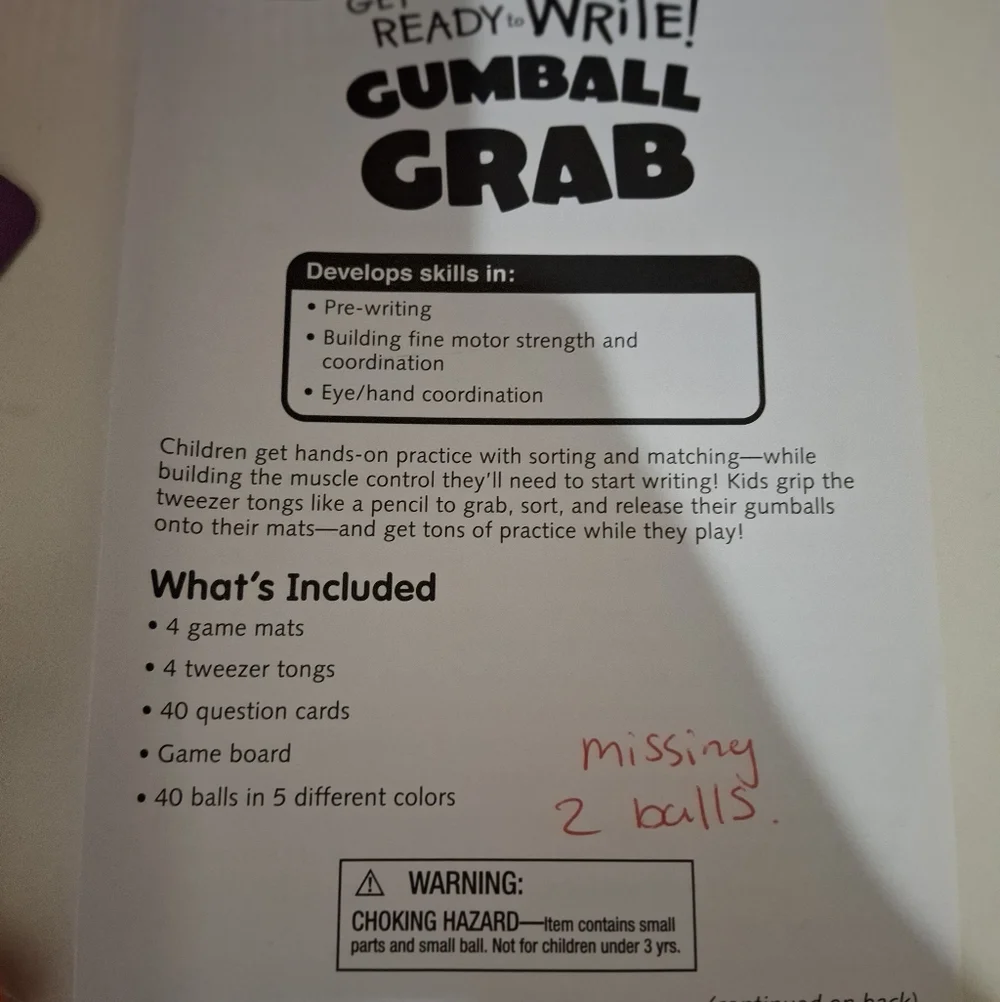 Lakeshore Gumball Grab Game Ages 3+ Fine Motor Skills MISSING 2 GUMBALLS